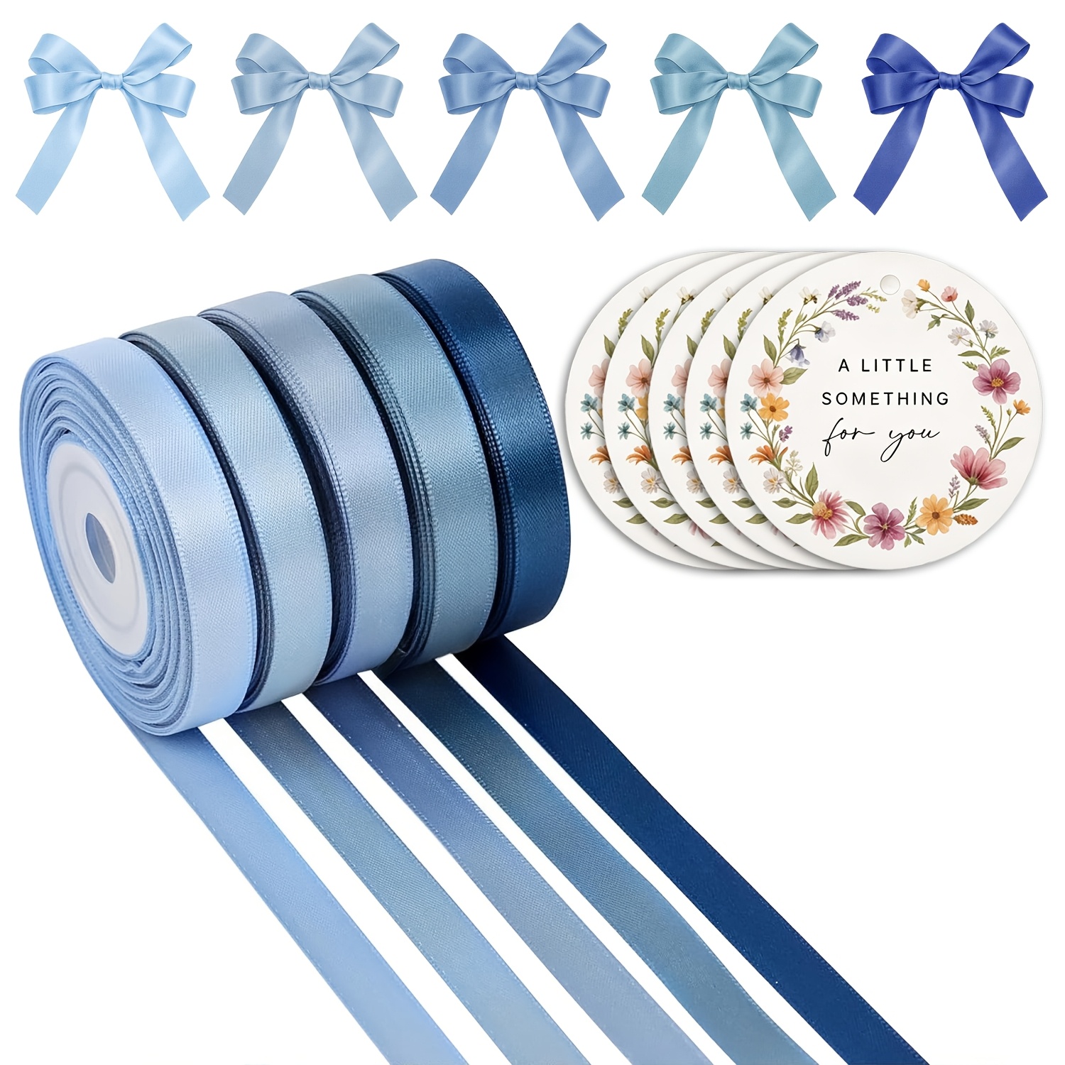 TEMU 15pcs Set: 5 Rolls Dusty Blue Satin Ribbon 3/8' X 10yd/color (5 Colors) + 10 Gift Cards For Wedding Decor, Garden Decor, Outdoor Decor, Gift,