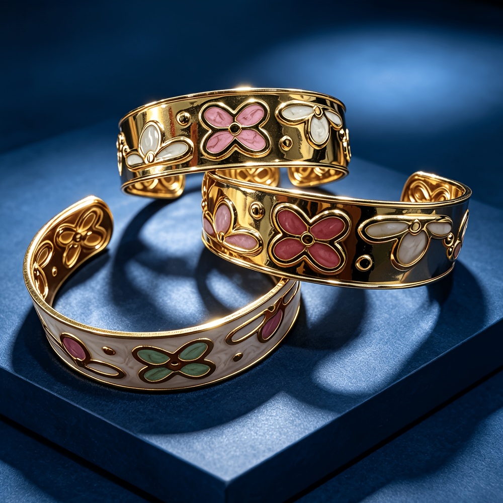 Women's Embossed Floral Enamel Golden Tone Open Cuff Bangle