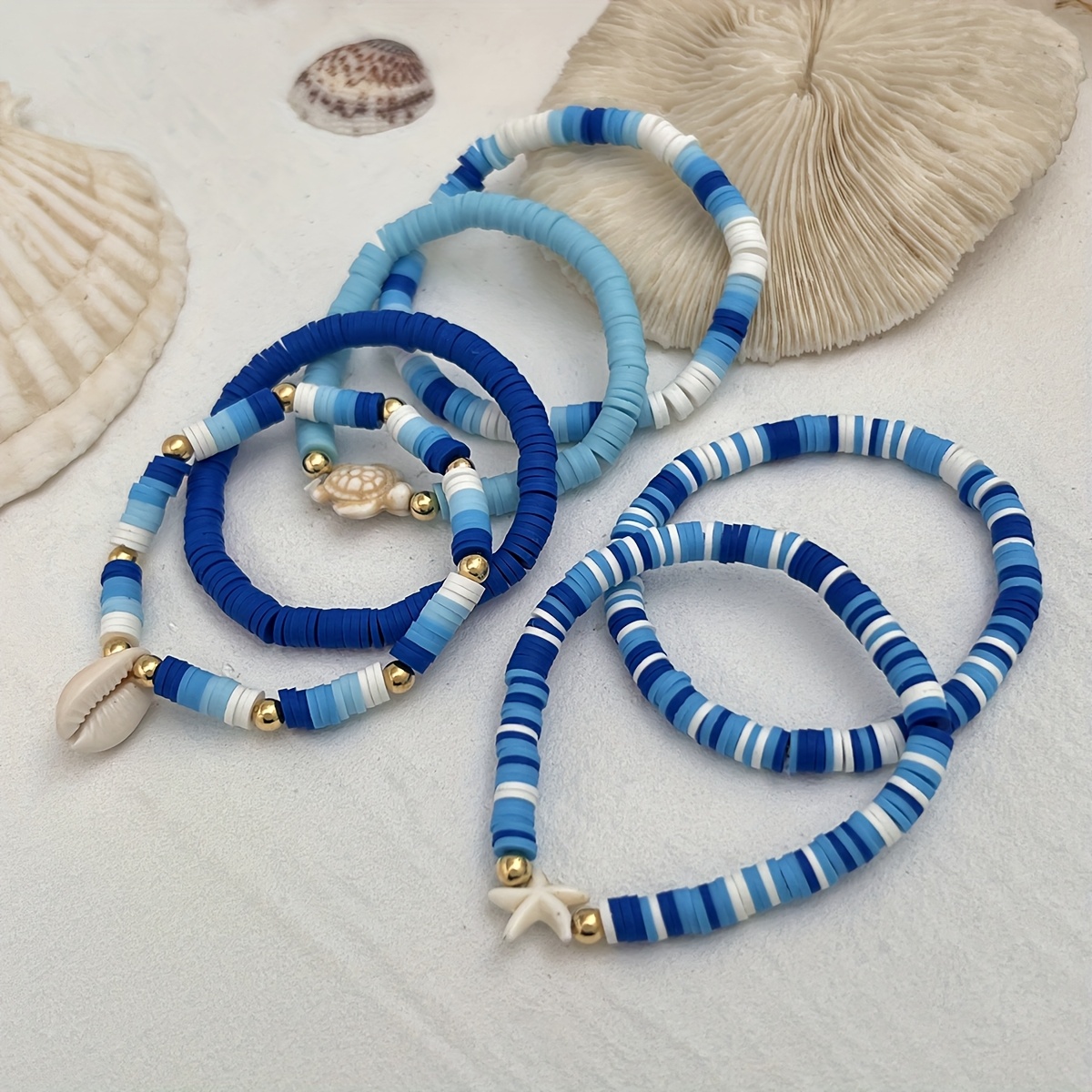 Boho Frangipani Turtle & Starfish Bracelet Set, Beach Themed Jewelry