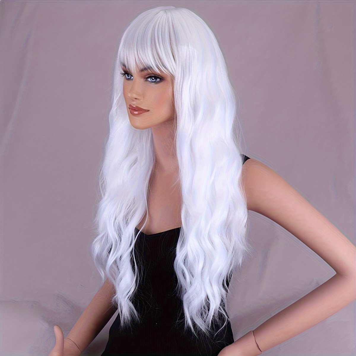 26 inch white wig long curly hair wig bangs synthetic wig - Temu display picture 2