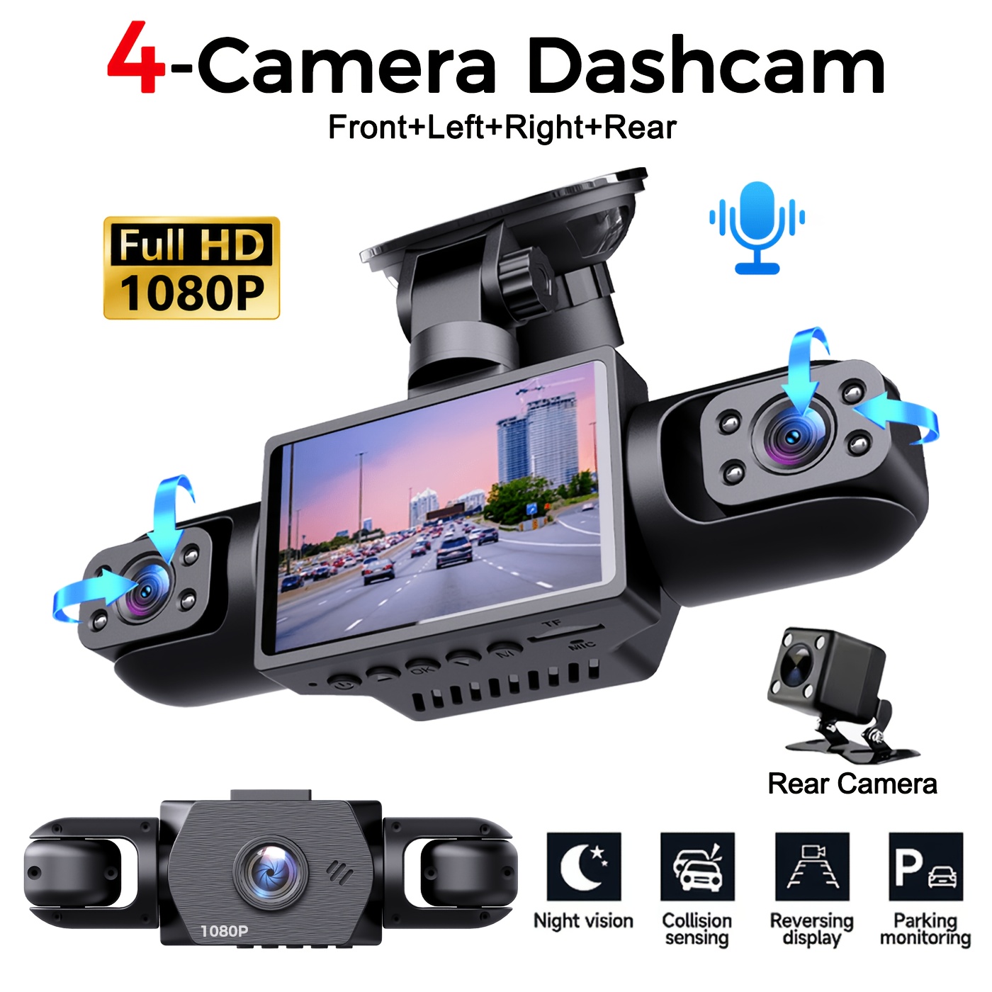 imagen del artículo   cámara de salpicadero panorámica de 4 lentes con   total, 1080p frontal y 720p trasera e izquierda  , cámara para coche de 2 pulgadas con pantalla dividida de 4, visión nocturna súper, grabación en bucle, sensor g, wdr, compatible con monitor de estacionamiento 24h, fuente de alimentación con enchufe para coche de 12-24v, sin  