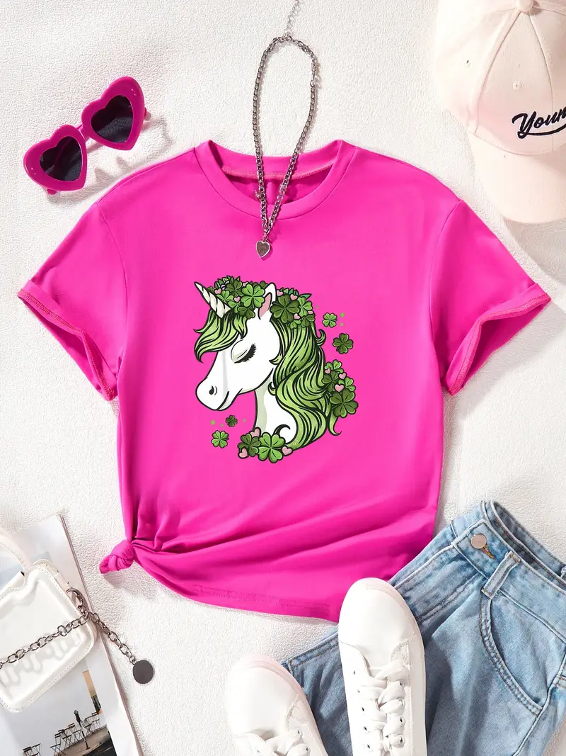 ENLACHIC Women's Unicorn Floral Print Blouse – V Neck Choker Tee, Short Sleeve