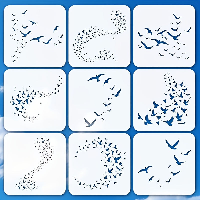 E-shop 9-teiliges Set wiederverwendbare Vogelschablonen 6,0x6,0 Zoll - 9 einzigartige fliegende Vögel-Designs, geeignet für DIY-Basteln, Scrapbooking,