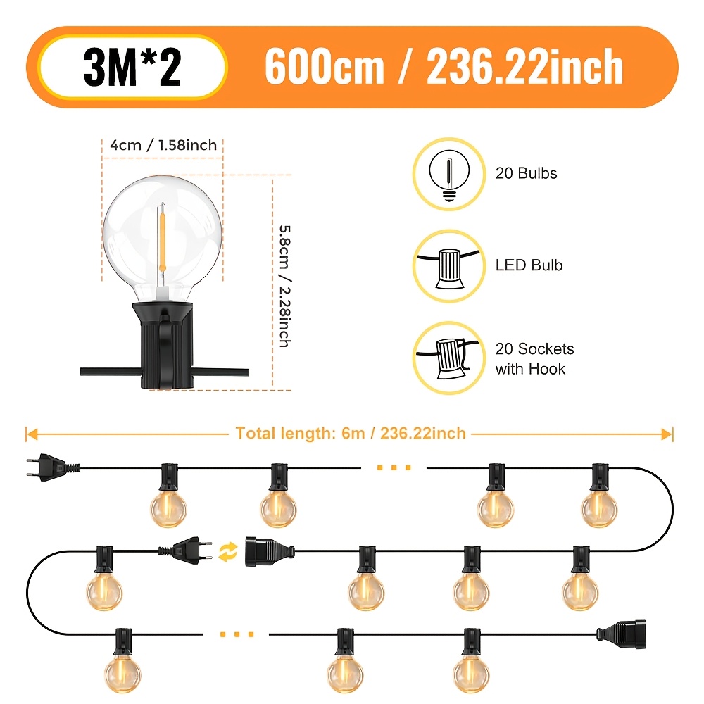2pcs/4pcs String Light, Eu Plug, Ip44, 2700k, Warm White, Garland String Lights Shatterproof Plastic Led Bulb Vintage Patio Decor Light