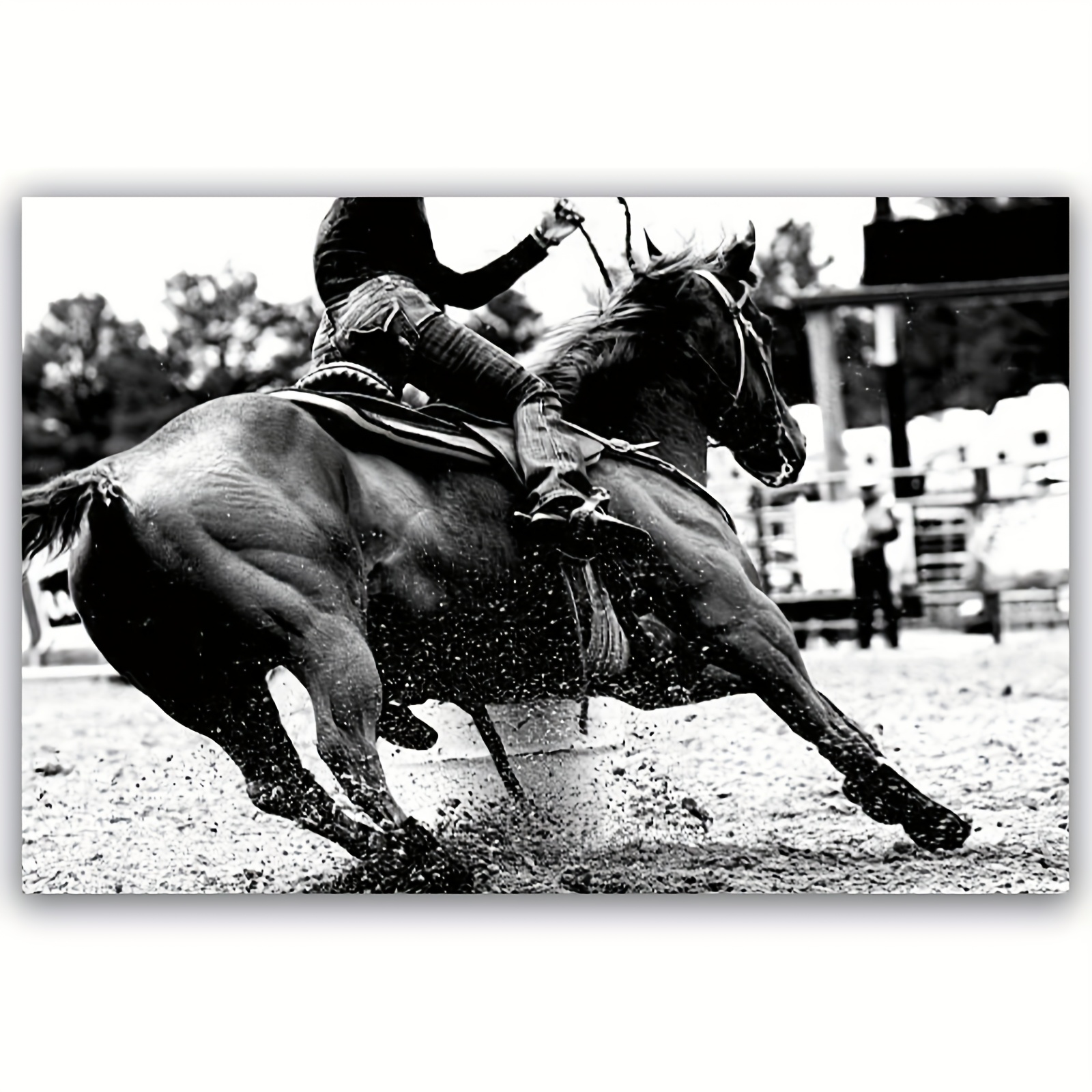 TEMU 1pc Frameless Western Rodeo Barrel Racing Poster - Black And White Cowgirl & Horse Action Shot - Large 12x18 Inches (30x45cm) - Ranch, Living