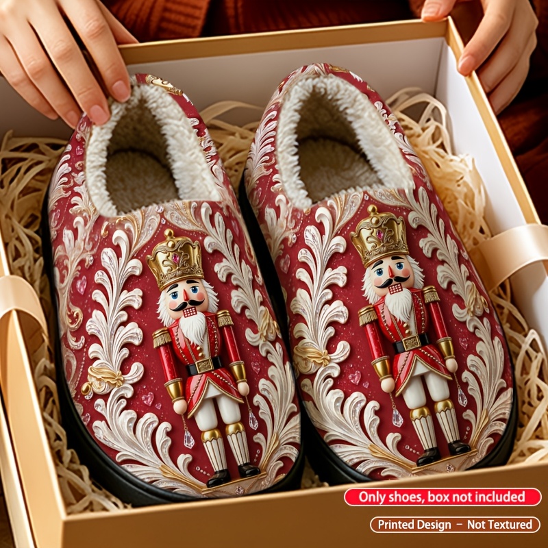 TEMU Christmas Women's Home Slippers With Block Heels, Winter Plush-lined Thick-soled House Shoes, Nutcracker Print With Carved , Keeps Feet Warm And