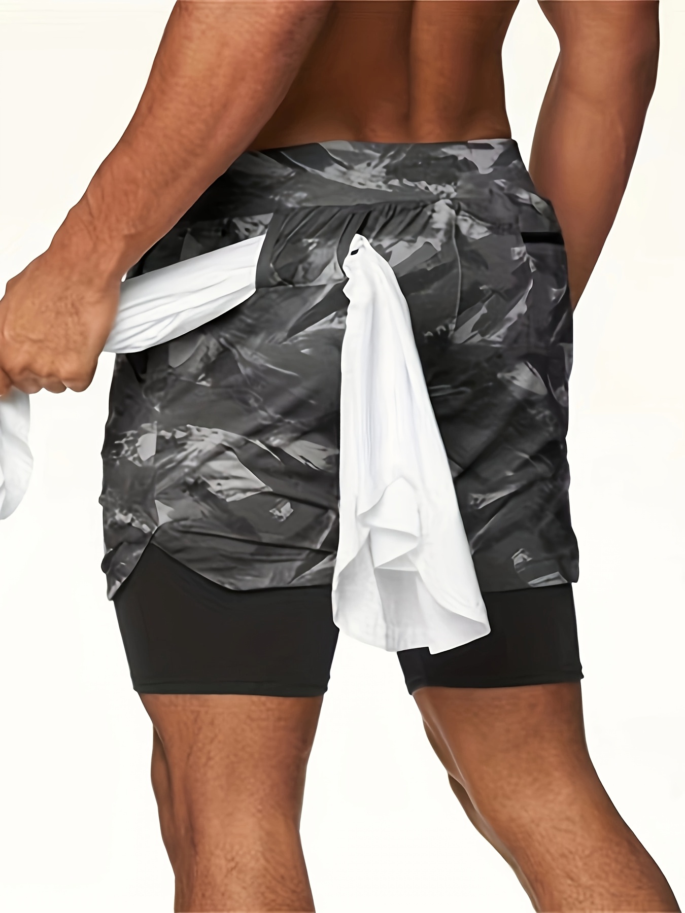 Men'S Morning Running, Gym Training, Sports, Multi Pocket Fake Two Piece Stretch Shorts with Drawstring, Casual Beach Pants Suitable for Spring, Summer, And Autumn Seasons