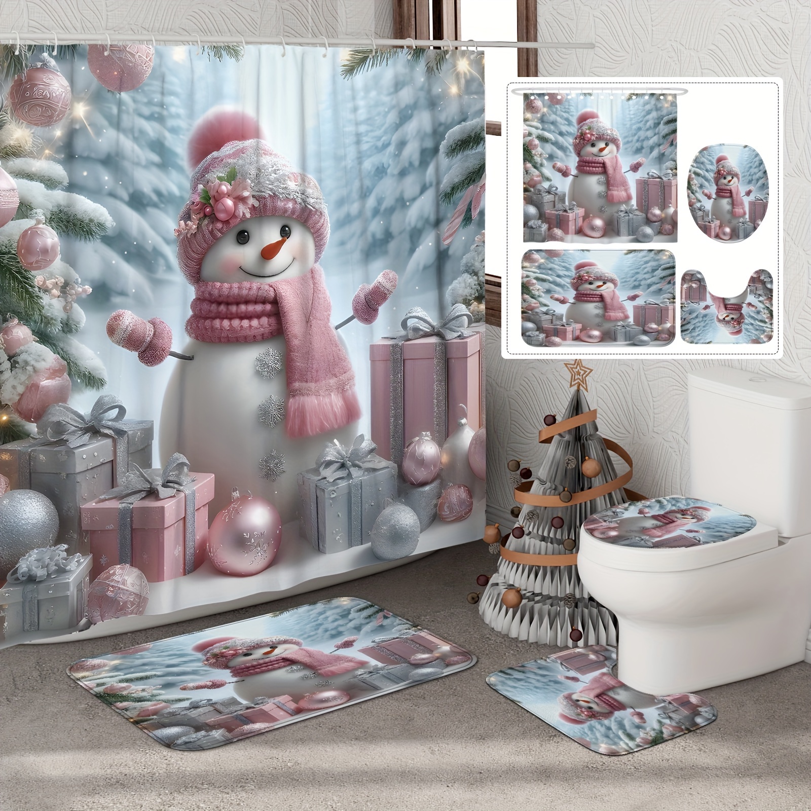 

1/4pcs Christmas Snowman Curtain Set Curtain And Rugs Polyester For Bathroom Or Decor 12 Bath Mat Lid Mat