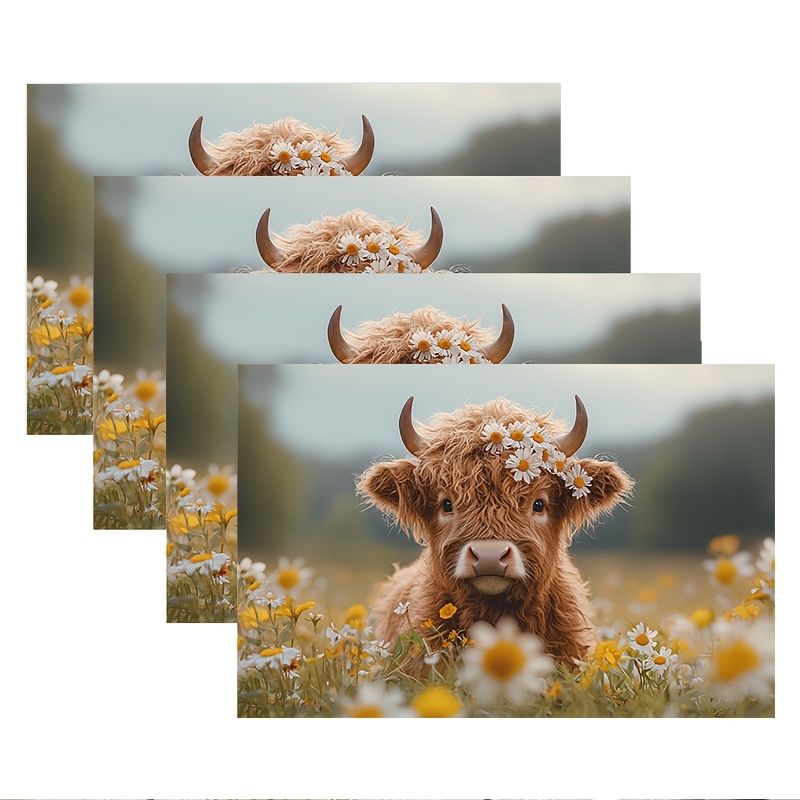 TEMU Set Of Highland Cow Decorative Placemats, Polyester Placemats, Hand Wash Only, Rustic And Dining Room Decor, Ideal For Dining Tables, Kitchen