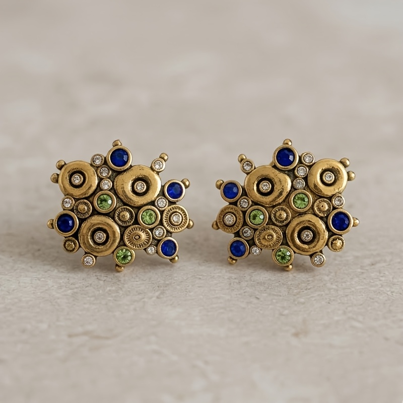 TEMU 1 di Orecchini Geometrici Vintage Distressed Colorati con Zirconia - Gioielli per Orecchie in Rame Stile Bohemien - Accessorio Stile Retro , per