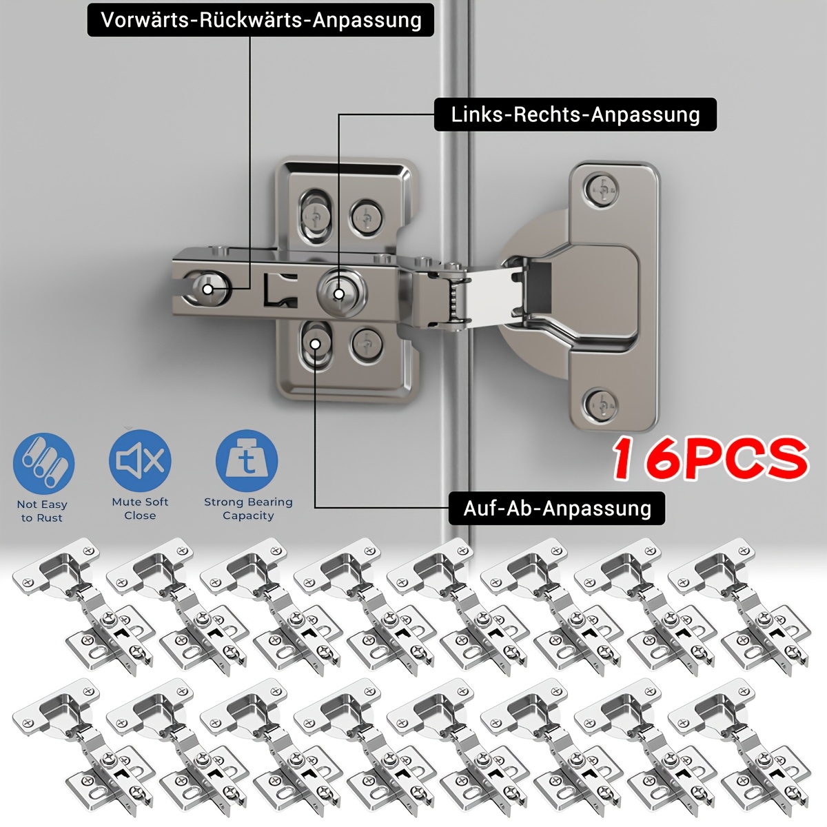 16pcs Heavy-duty Stainless Steel Cabinet Hinges With Buffer - Soft Close , Brushed Finish For Doors & Cabinets