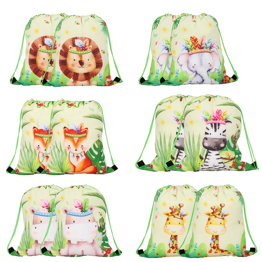 

12pcs Cartoon Jungle Animals Drawstring Bags, Polyester, Elephant Theme Party Favors, For Birthday, Wedding, Bachelor Party, Graduation, Christmas & Universal Celebrations