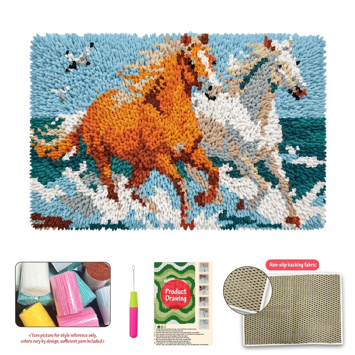TEMU Latch Hook Rug Kit, Diy Crochet Woven Carpet Kit With Colorful Printed Canvas, And Waves Background, 2 Horses Running On Pattern Carpet