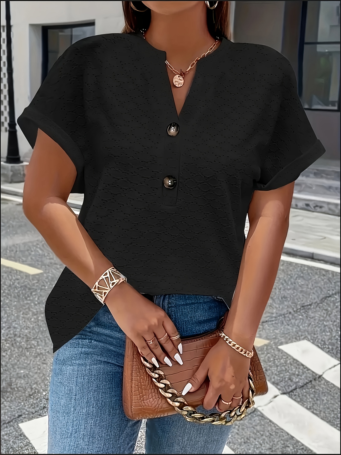 Women's Elegant Middle Eastern-Inspired Black Button-Front T-Shirt - Stand-Up Collar Short Sleeve Top, Machine Washable Spring/Summer Casual & Formal Wear, Ladies T Shirts, Versatile Top, Sophisticated Style, Durable Material, Fashion Top, Summer Wardrobe, Everyday Top, Buttonfront Top, Lightweight Top, Stylish Blouse, Fashionconscious Women