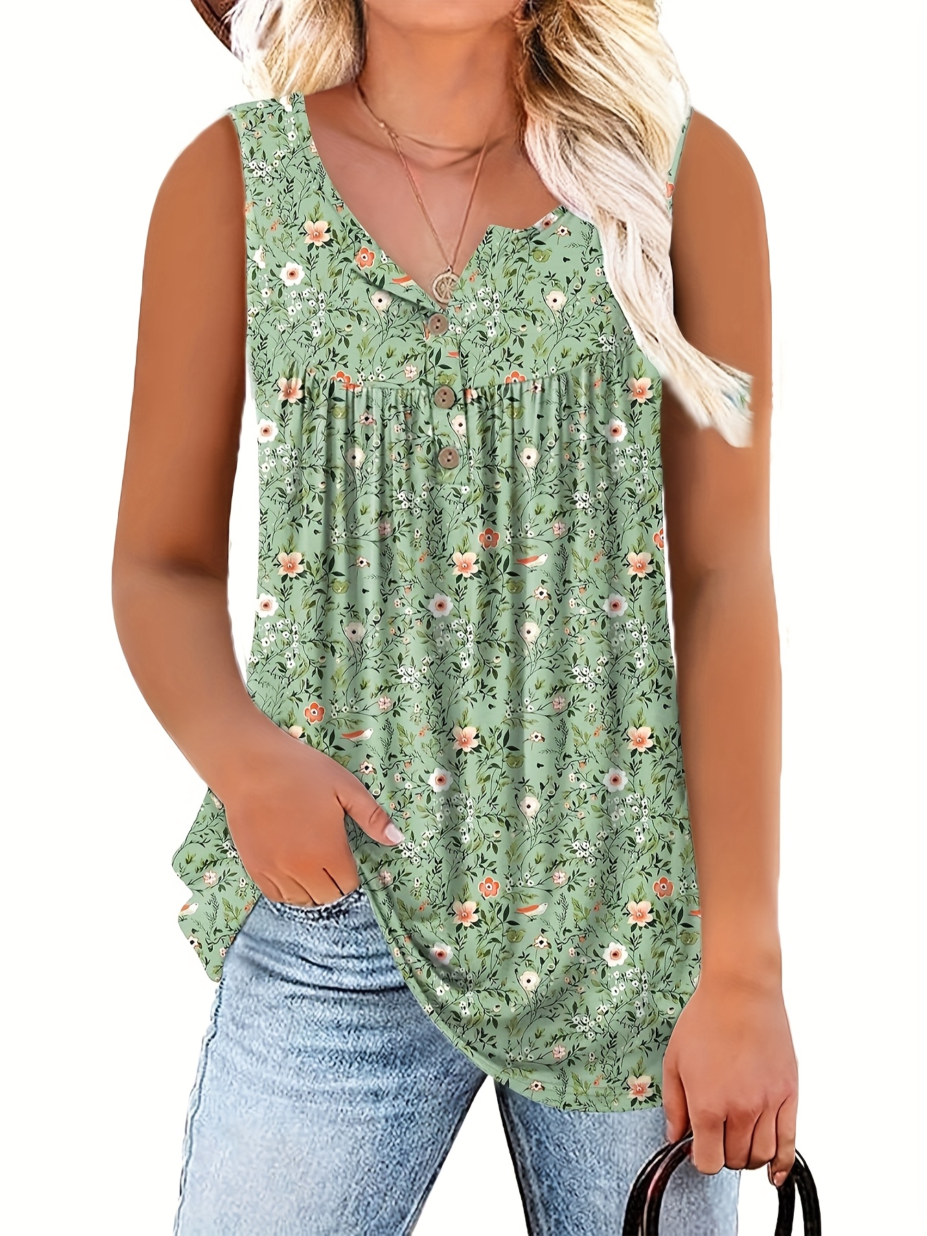 Women'S Floral Print Sleeveless Henley Neck Top - Casual Summer Tank Top, Green with White Flowers, V-Neck, Button Detail, Polyester Fabric, Perfect for Vacation or Casual Attire, Summer Casual Wear | Vneck Top | Medium Stretch Material, Floral Print Tank To
