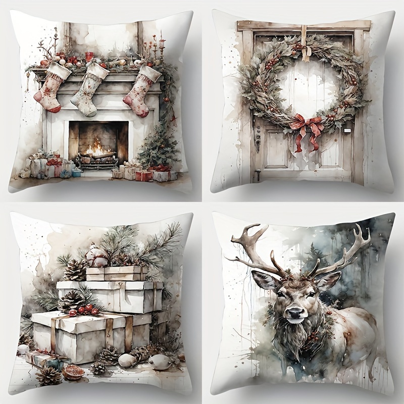 

Vintage Elk & Floral Wreath 4-piece Throw Pillow Covers Set, 17.7" Square, Soft Polyester, Zip Closure - Perfect For Sofa & Bedroom Decor