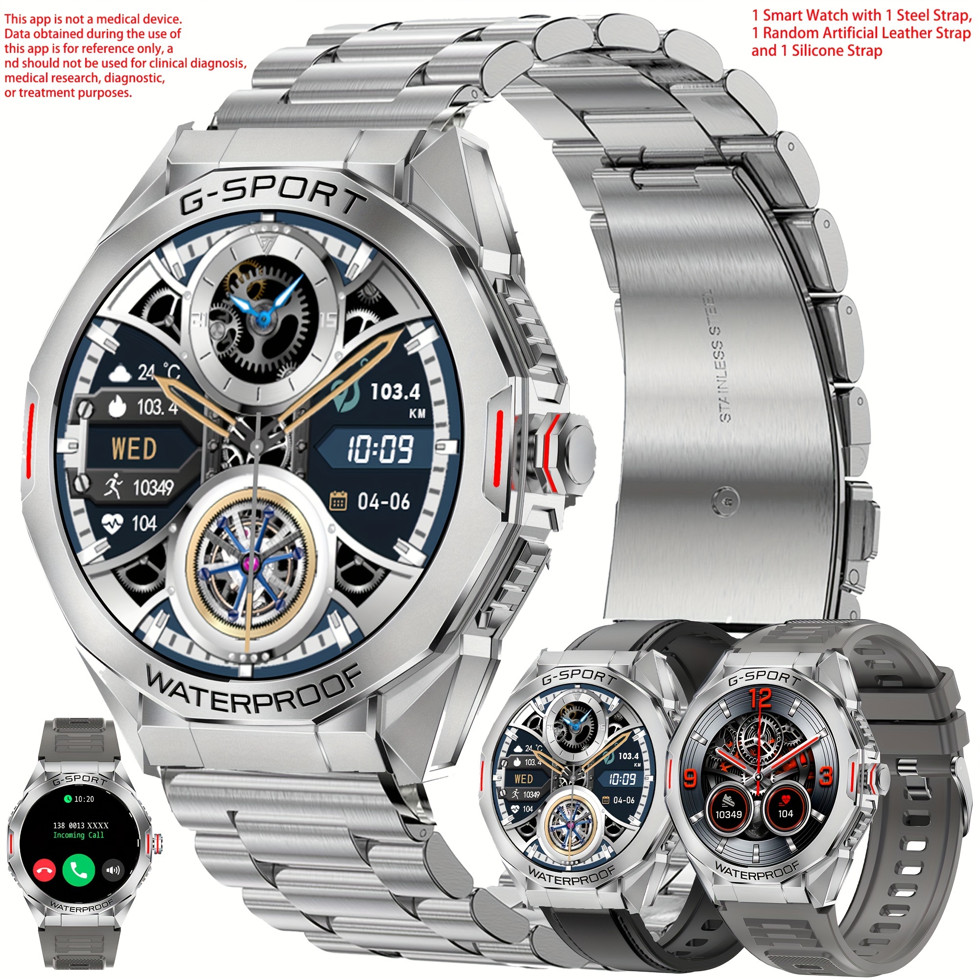 Smart Watch For Men, Answer/Make Calls, 3.71cm   Watch For Men - Call  , Wireless Call Smart Watch For   And for iphone, Fitness  , Sleep Monitoring, Step  , Call Information  ,   Smart Watch,    , Smartwatch With 1 Steel Strap, 1 Random Strap, And 1 Silicone Strap