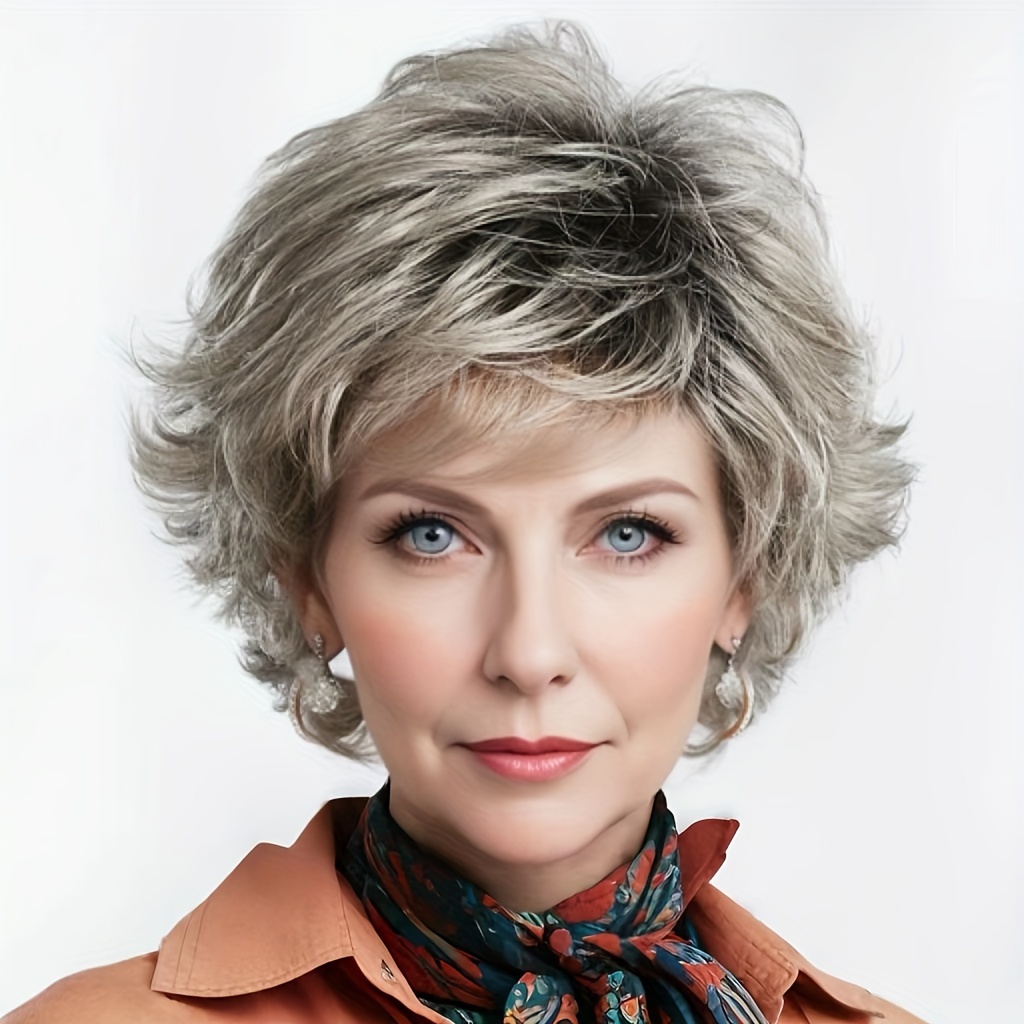 Image of Face- Curly Hair Silvery Gray Gradient Mixed Color Temperament Elegant Daily Party Use Wig Fake Head Cover For Middle-aged And Elderly Women