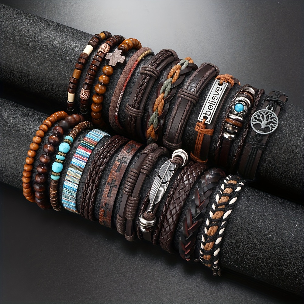 21pcs Vintage Faux Leather Braided Bracelet Set for Men - Fashionable Daily Accessory