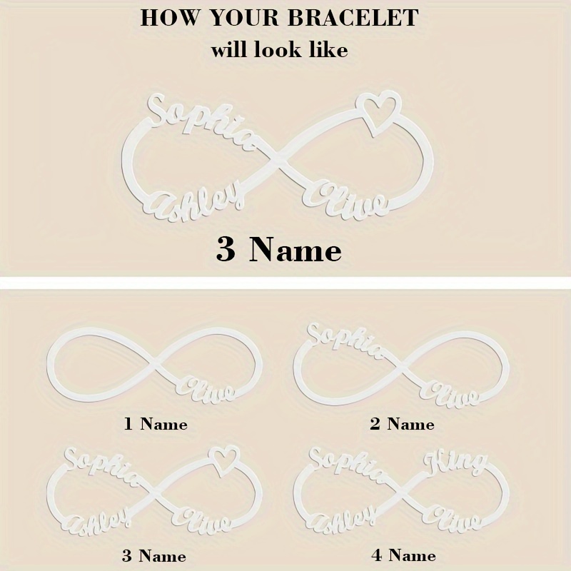 TEMU Bracelet Cœur Infinité Personnalisé, Bracelet de Mode pour Femmes Personnalisé, 1 à 4 , Bracelet Commémoratif Membre de , Cadeau de Bijoux pour