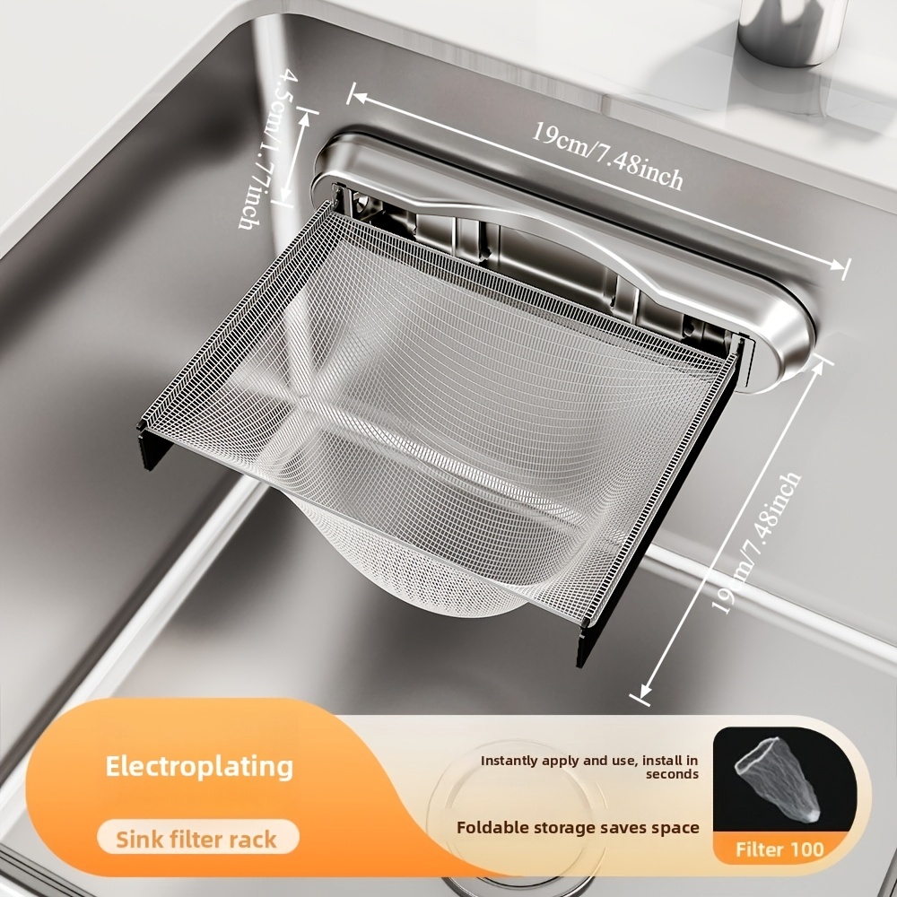 TEMU Carbon Steel Kitchen Sink Filter Rack, Foldable Draining Basket, For Food Residue Disposal, Includes 2 Sets (100pcs) Of Filters, Does Not Come