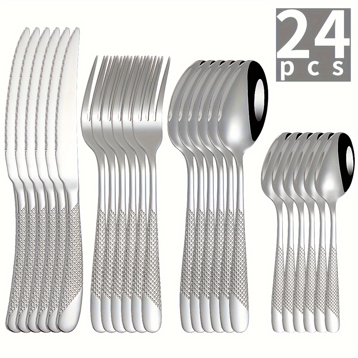 

24pcs, Stainless Steel Star Cutlery Set - Includes Steak Knife, Meal Fork, Meal Spoon, And Dessert Spoon - Perfect For Hotel And Restaurant Use