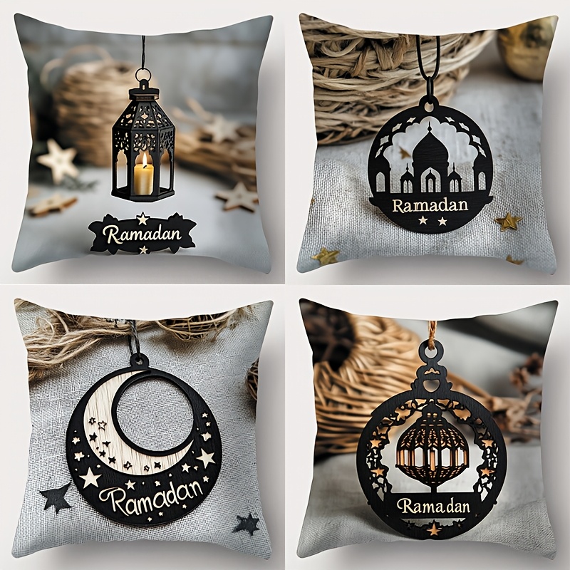 

4-pack Modern Ramadan Pillow Covers, 17.72" Linen Decorative Cushion Cases With Candle, Moon, And Lantern Prints, Machine Washable Zippered Polyester For Living Room Sofa Decor - No Insert