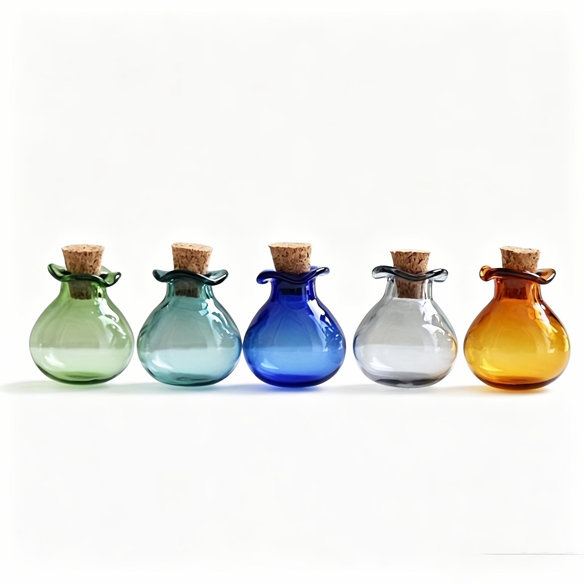 Image of 5 Mini Colorful Wishing Glass Bottles, Bag Shaped Glass Bottles With Cork Round Bottles, Decoration Bottles, Used For Car Perfume, Mini Landscape, Living Room Decoration, Mini House Vase Ornaments