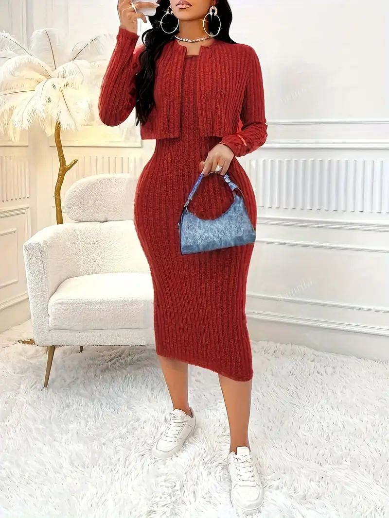 ribbed dress set casual long sleeve dress outfit women's - Temu Nigeria ribbed dress set casual long sleeve dress outfit women's - Temu Nigeria