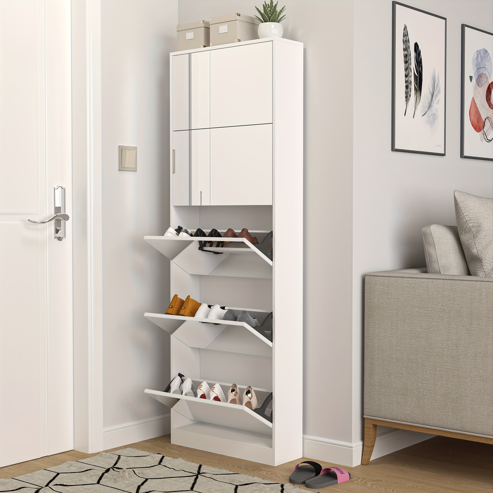 Image of Organizedlife Modern Space- Shoe Cabinet With Full-length Mirror | 5-tier Narrow Entryway Organizer, Flip-drawer Storage & Hidden Shoe Rack (white)