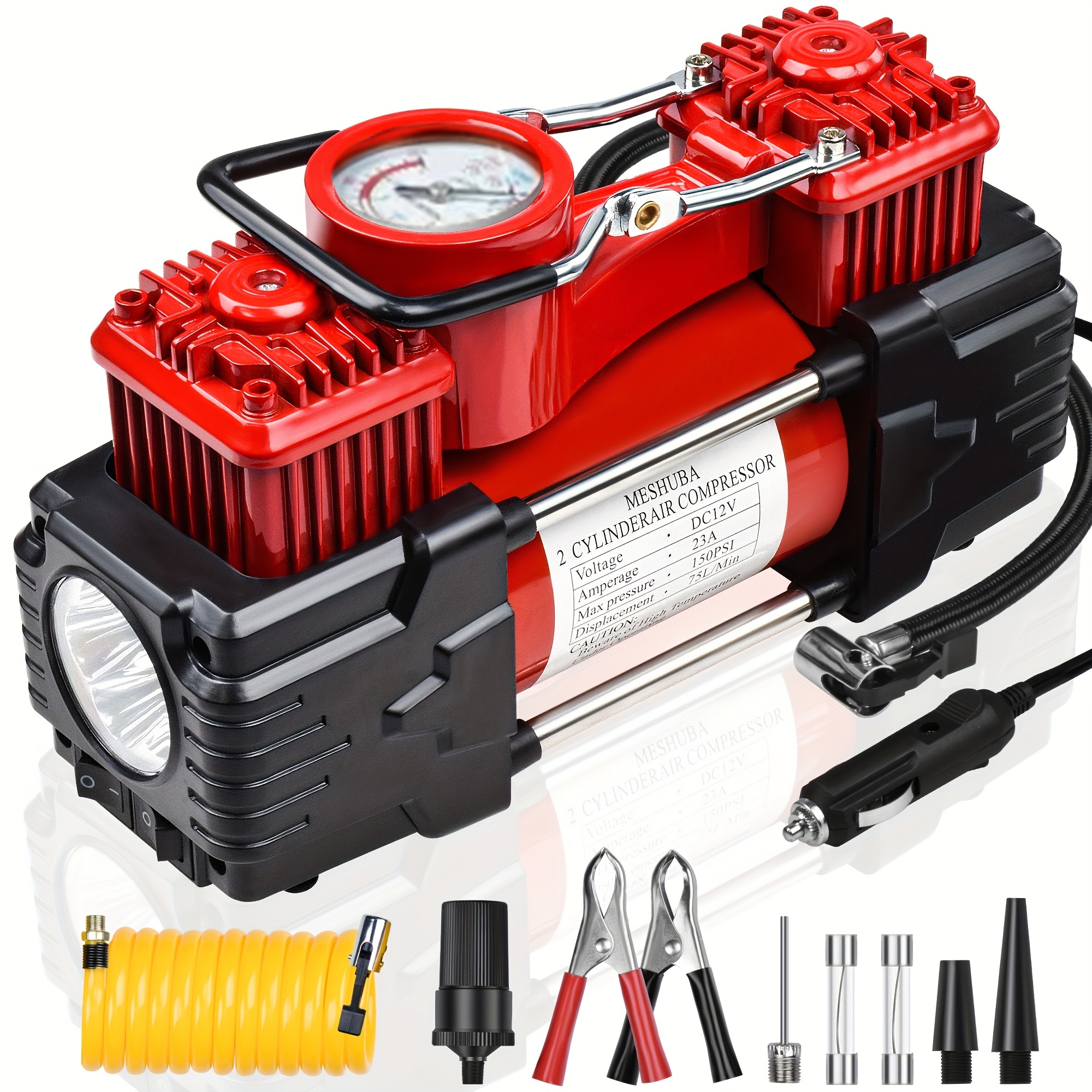 TEMU Meshuba Heavy Duty Double Cylinder Tire Inflator - Portable Metal 12v Air Compressor With 150psi Pump, Blue, Includes Adapters For Car, Truck,