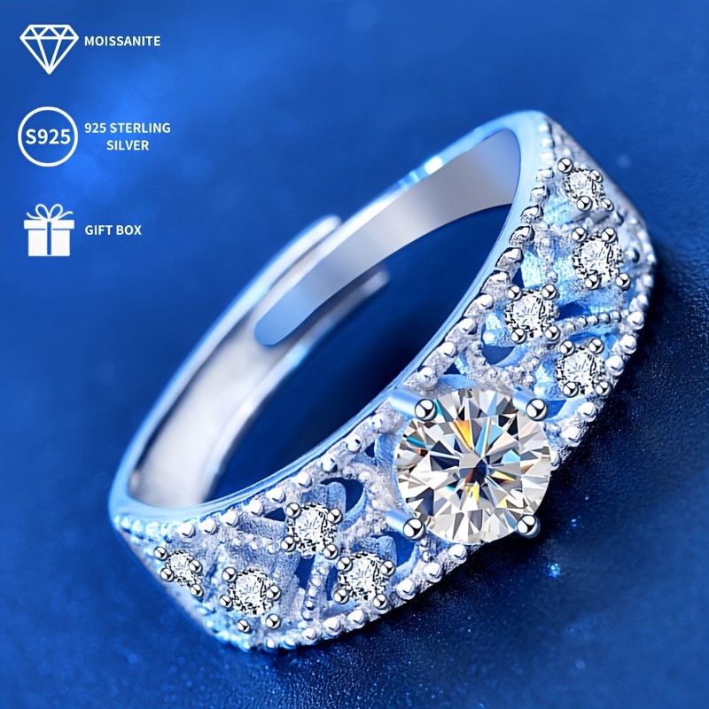 S925 Silver Moissanite Open Ring 0.5ct Solitaire with Accents
