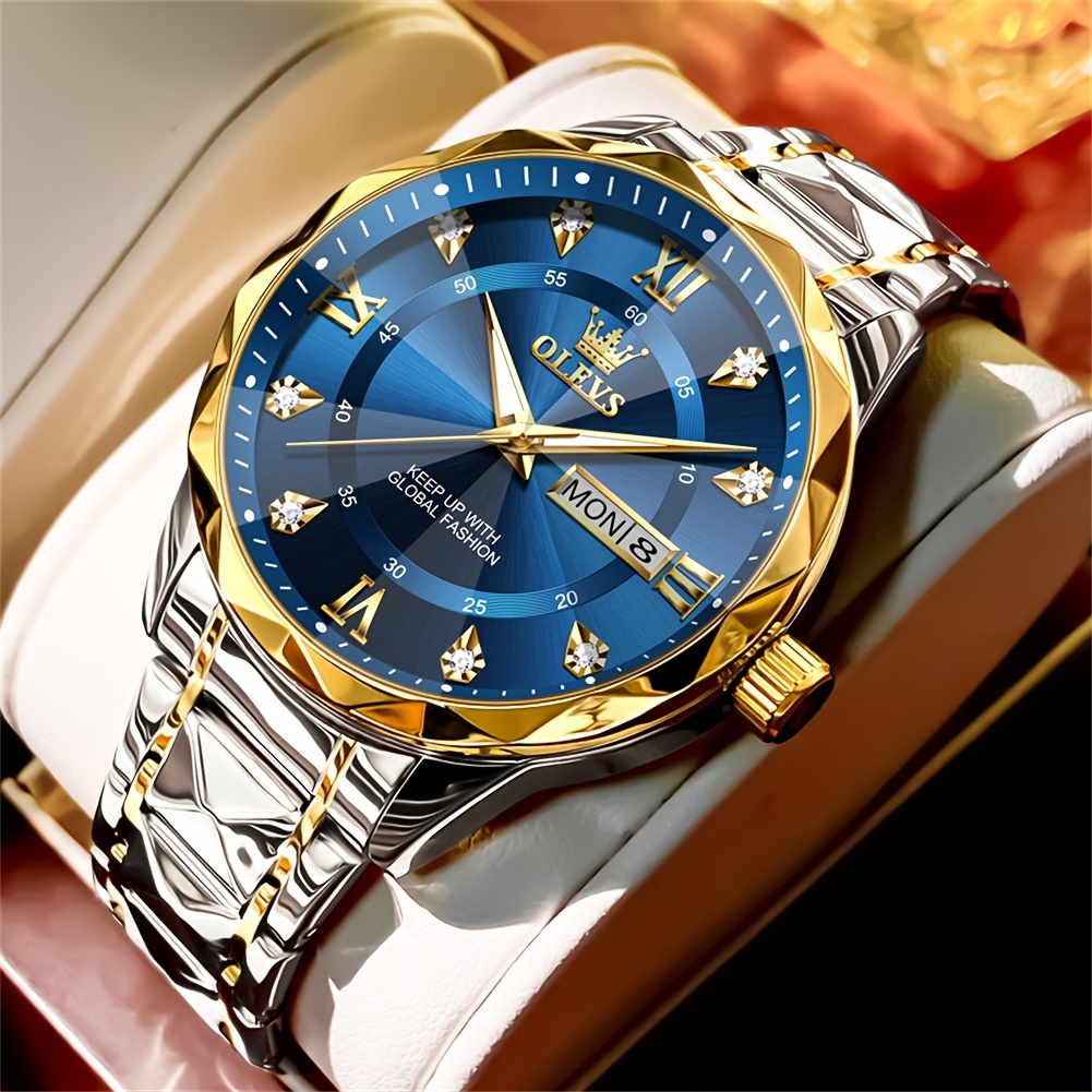 Image of Olevs Luxury Dress Classic Multi Calendar Quartz Stainless Steel 2 Tone Watches | Business Luminous Mens Wrist Watches, Non-water Resistant, Black/