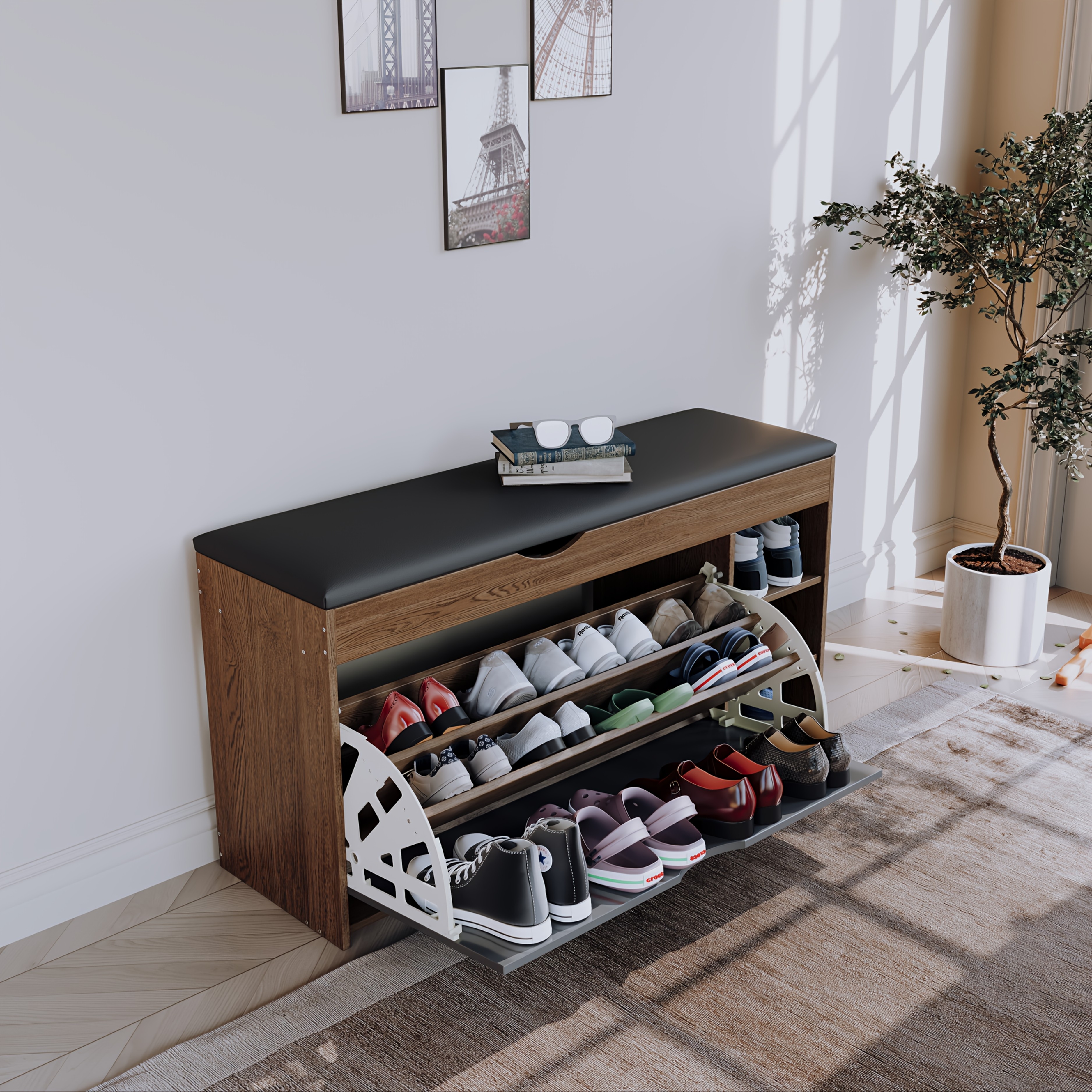 Classic Shoe Rack with Bench Drawers Foldable Shoe Storage  Organizer for Entryway, Hallway, Apartment Hardwood MDF