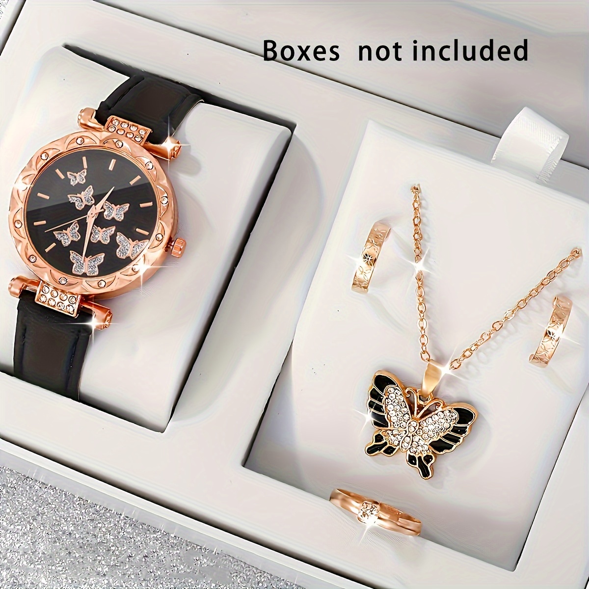 

5pcs/set Women's Shiny Rhinestone Butterfly Quartz Watch Analog Pu Leather Wrist Watch & Jewelry Set, Gift For Mom Her