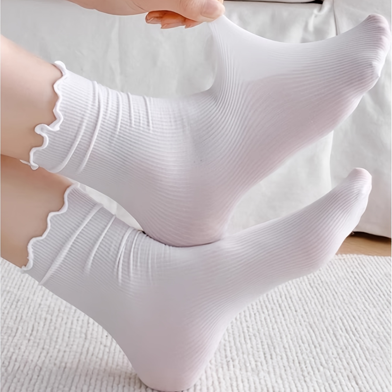 TEMU 1 Paar Weiße Sommer-Eissocken, Rüschensocken, Damen Stacked Socks, Spitzensocken, Japanische Stil Wadensocken