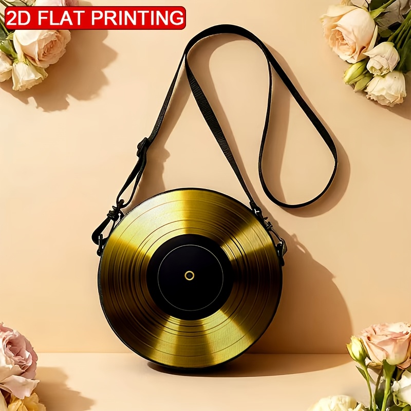 TEMU A Women's Shoulder Bag Featuring Golden Records, With Retro Design, 2d Printing, An Adjustable Strap, And A Zipper Closure. This Casual Yet