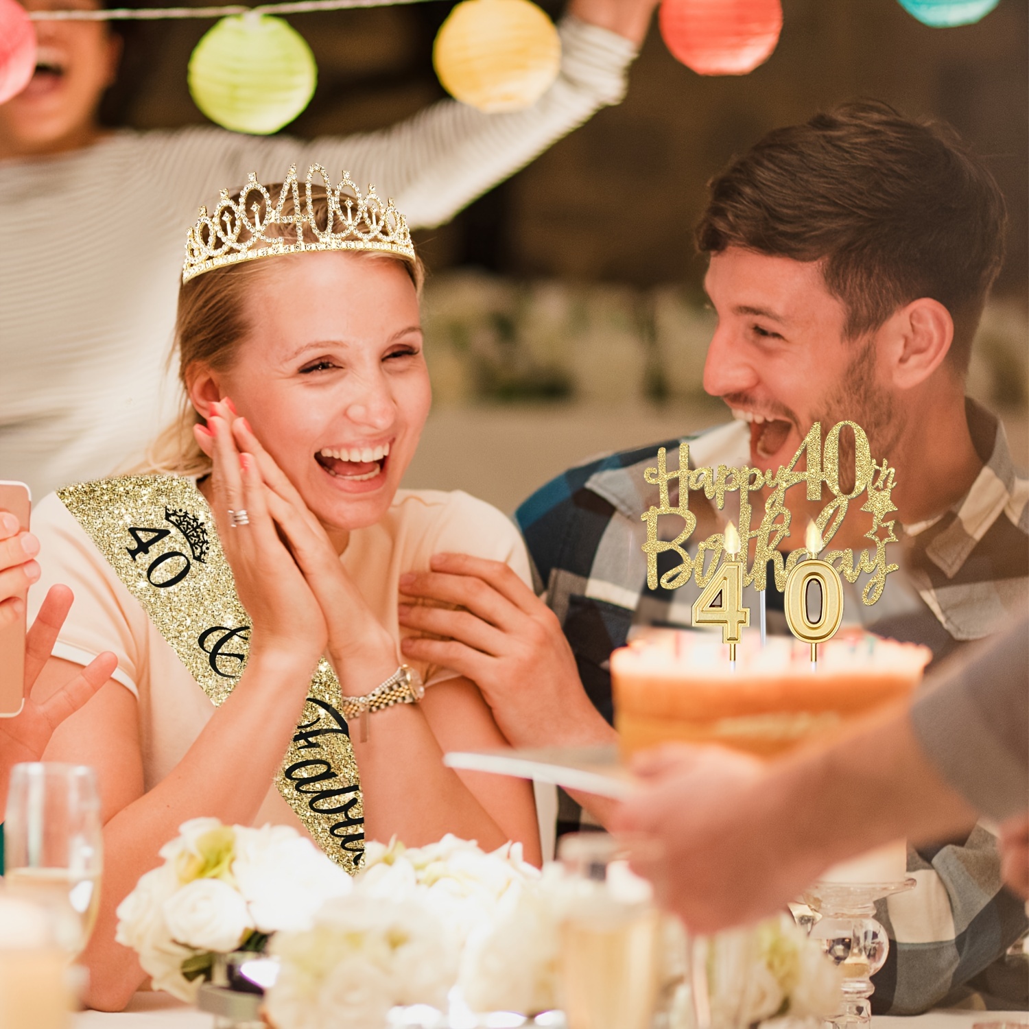 8pcs, 40th Birthday Decorations Women Golden 40th Birthday Sash And  Tiara, Golden 40th Birthday Cake Topper And Birthday Number 40, Big Golden