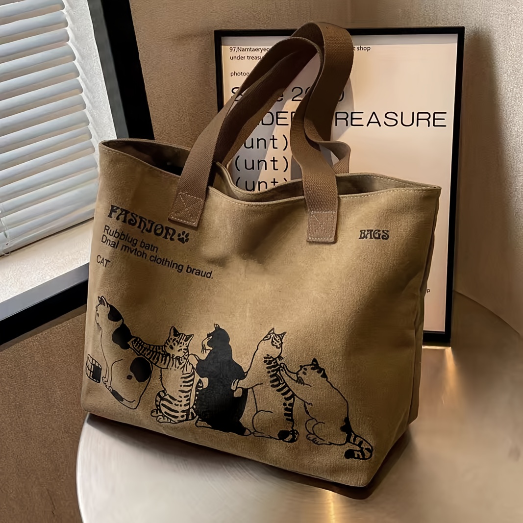 

Large Canvas Tote Bag For Women, Fashionable Shoulder Handbag, 2024 New Japanese Style Storage Bag With Kawaii Cartoon Cat Pattern Design