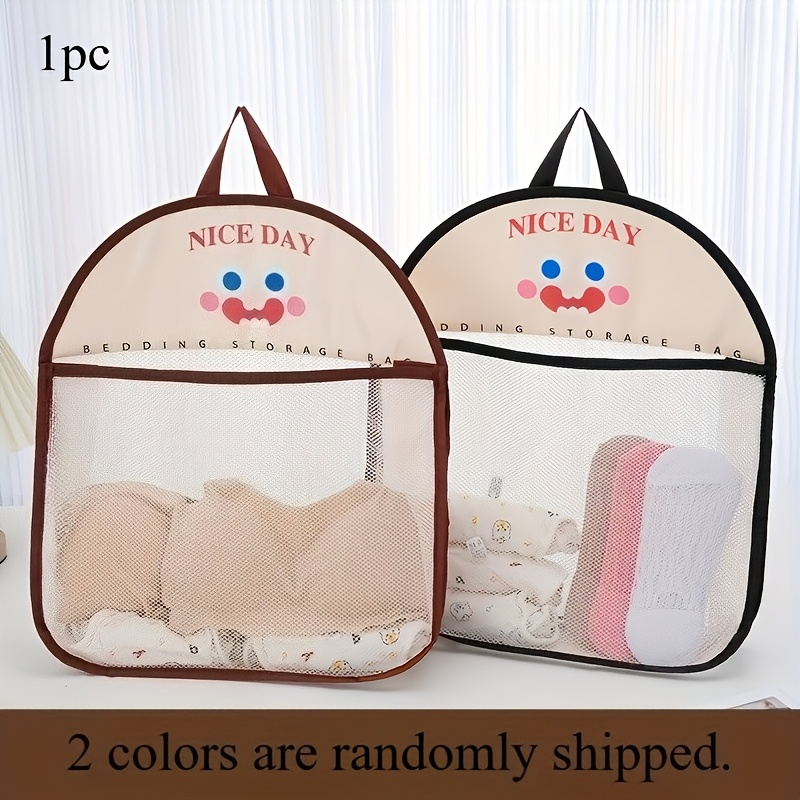 TEMU 1 Random Color Hanging Mesh Storage Bag - Breathable Fabric Organizer With Cute Animal Patterns, Space-saving Foldable Design, Suitable For
