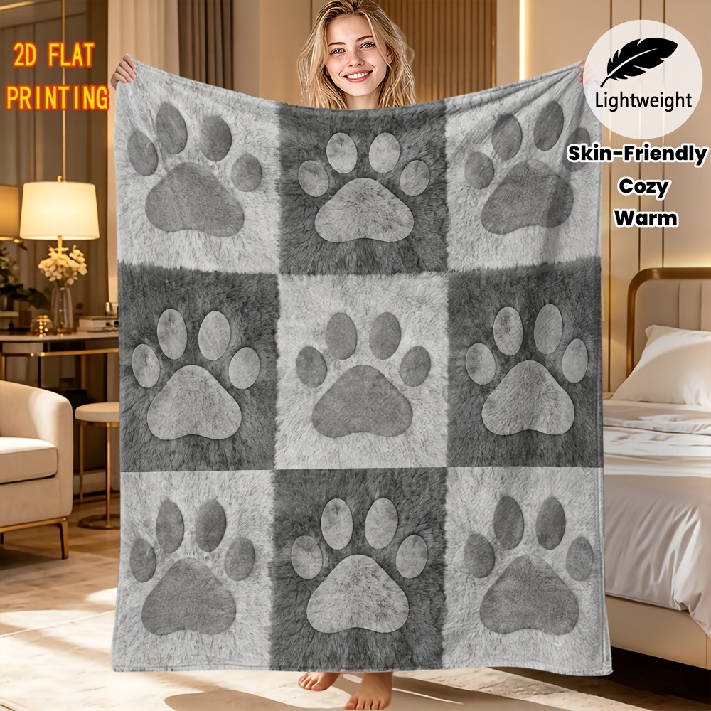 TEMU Flannel Throw Blanket. 2d Print Cute Gray Tone Paw Block, Fluffy Warm All Season For Living Room Office, Thoughtful Christmas Gift For .