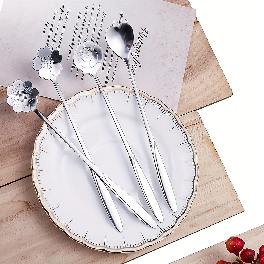 TEMU 4pcss Floral Pattern Teaspoons 4pcs Set, Coffee Spoons, Cute Ice Cream Dessert Spoons, Stainless Steel Cutlery Set, Home Kitchen Coffee, Gift ,