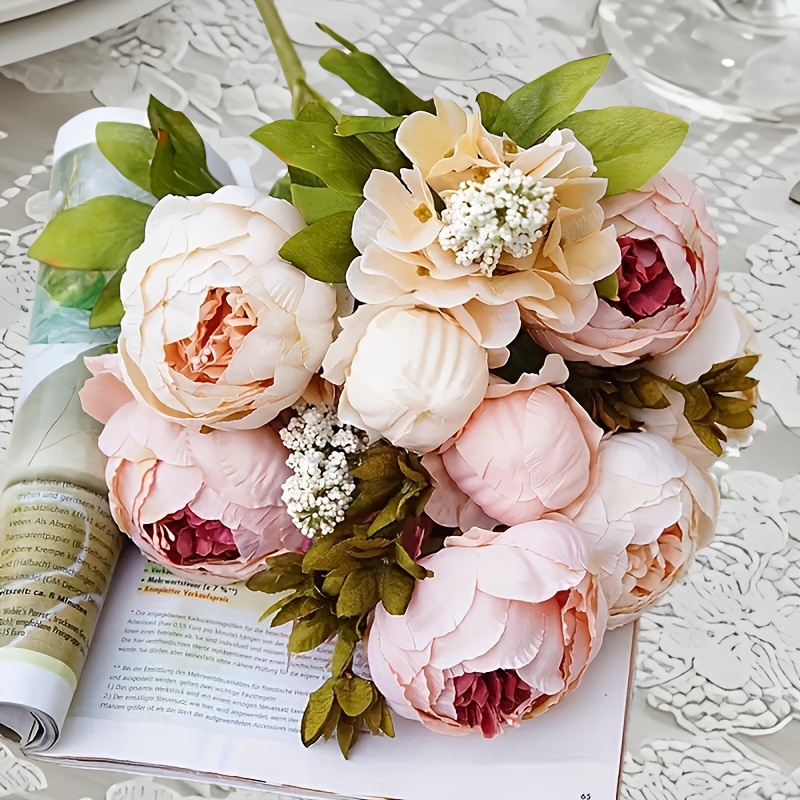 Image of 1 Bunch Vintage Faux Peony Bouquet, Home Indoor Decor Flowers, Room Decoration Artificial Flowers, Wedding Handheld Bouquet