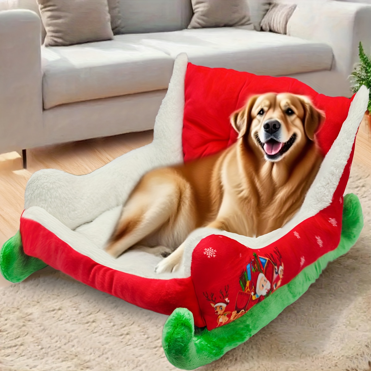 heated christmas sleigh pet bed with removable washable cover -   thickened dog bed with plush filling, red & green festive design with white fur trim, sturdy frame &   - ideal for large/small/  dogs,   house, cozy winter bed for home decor, no  ,   gift,   fabric Product details 3