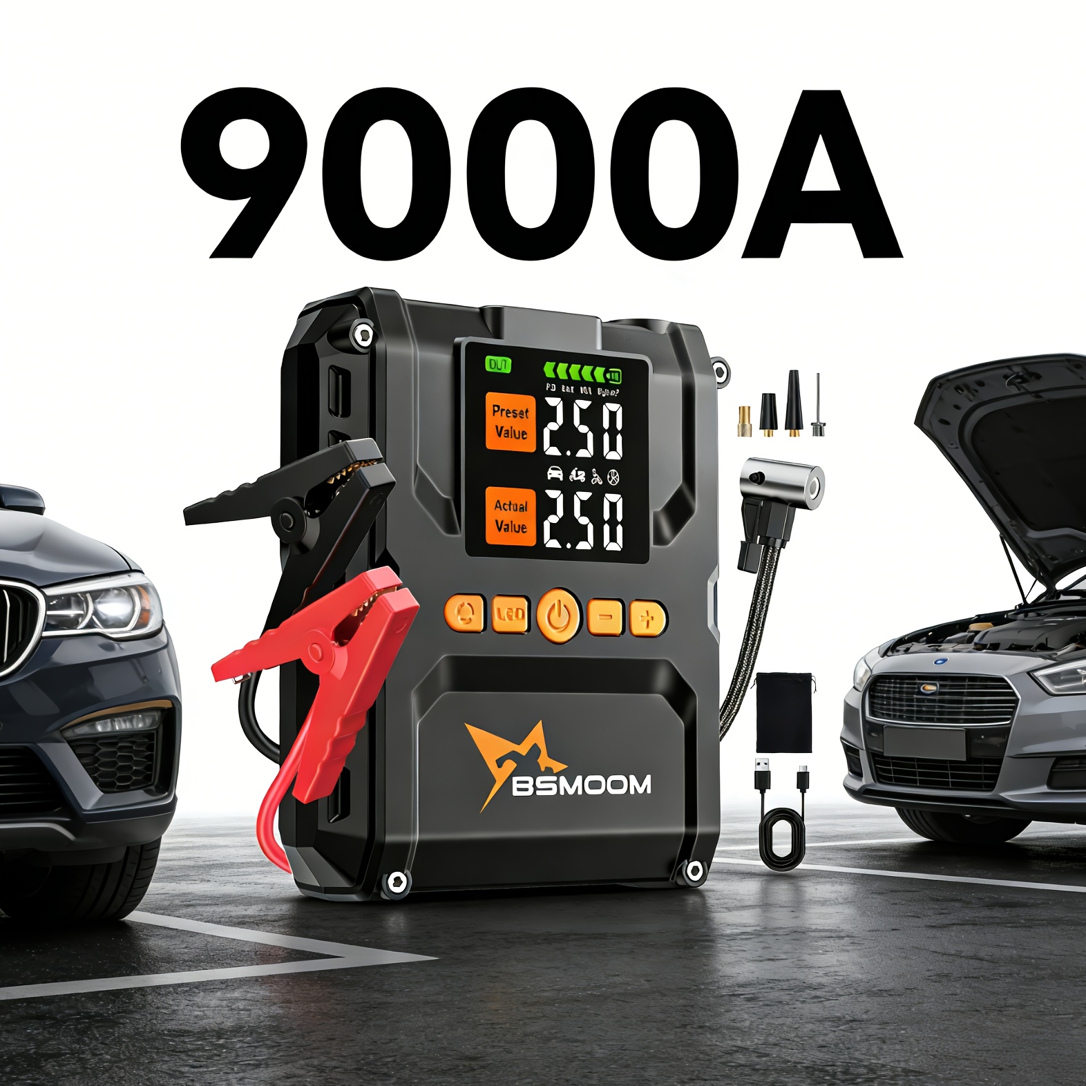 TEMU Bsmoom 9000a Car Jump Starter, 150psi Cordless Tire Inflator, Dual Screen Display With Tire Pressure Detection, Car Battery Booster Power Bank