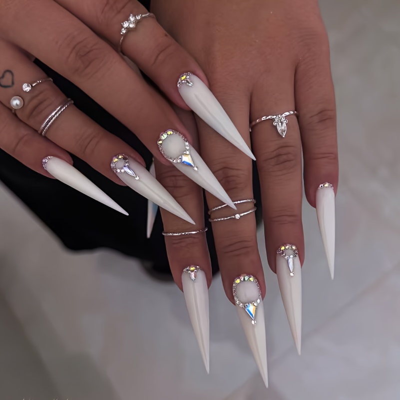 E-shop Aufdrückbare Nägel Lange Mandelformige Falsche Nägel Glänzend, Luxuriöse Strass Acryl Nägel Weiße Glänzende Mandel Künstliche Nagel Sticks 24