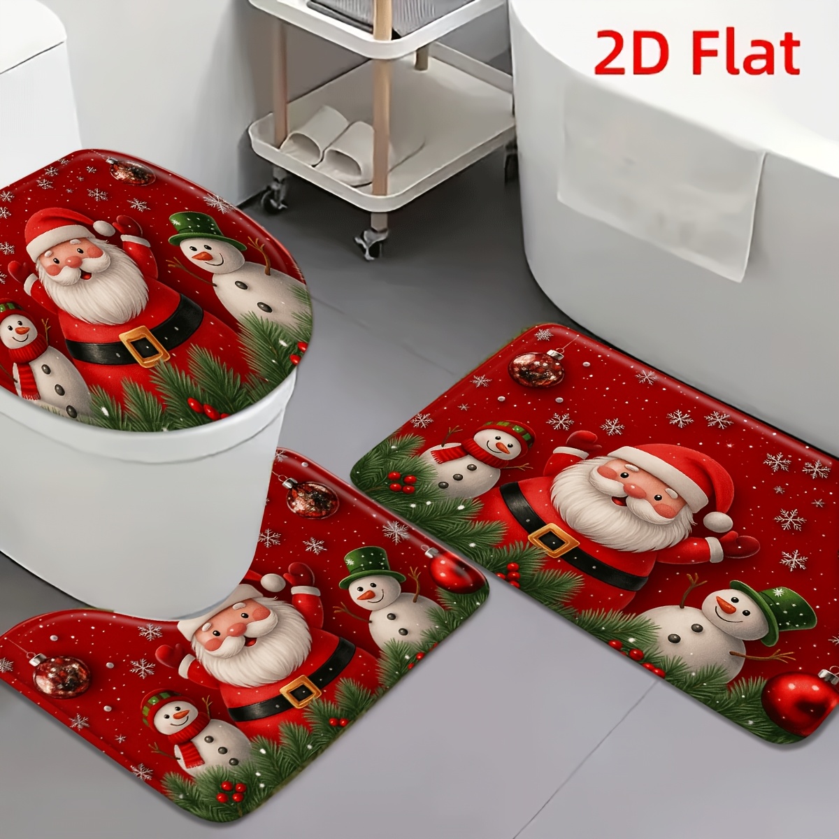 TEMU Ensemble de 3 tapis de toilette plats 2D en flanelle Noël Père Noël de neige antidérapant, décoration festive pour salle de bain, entrée, salon,