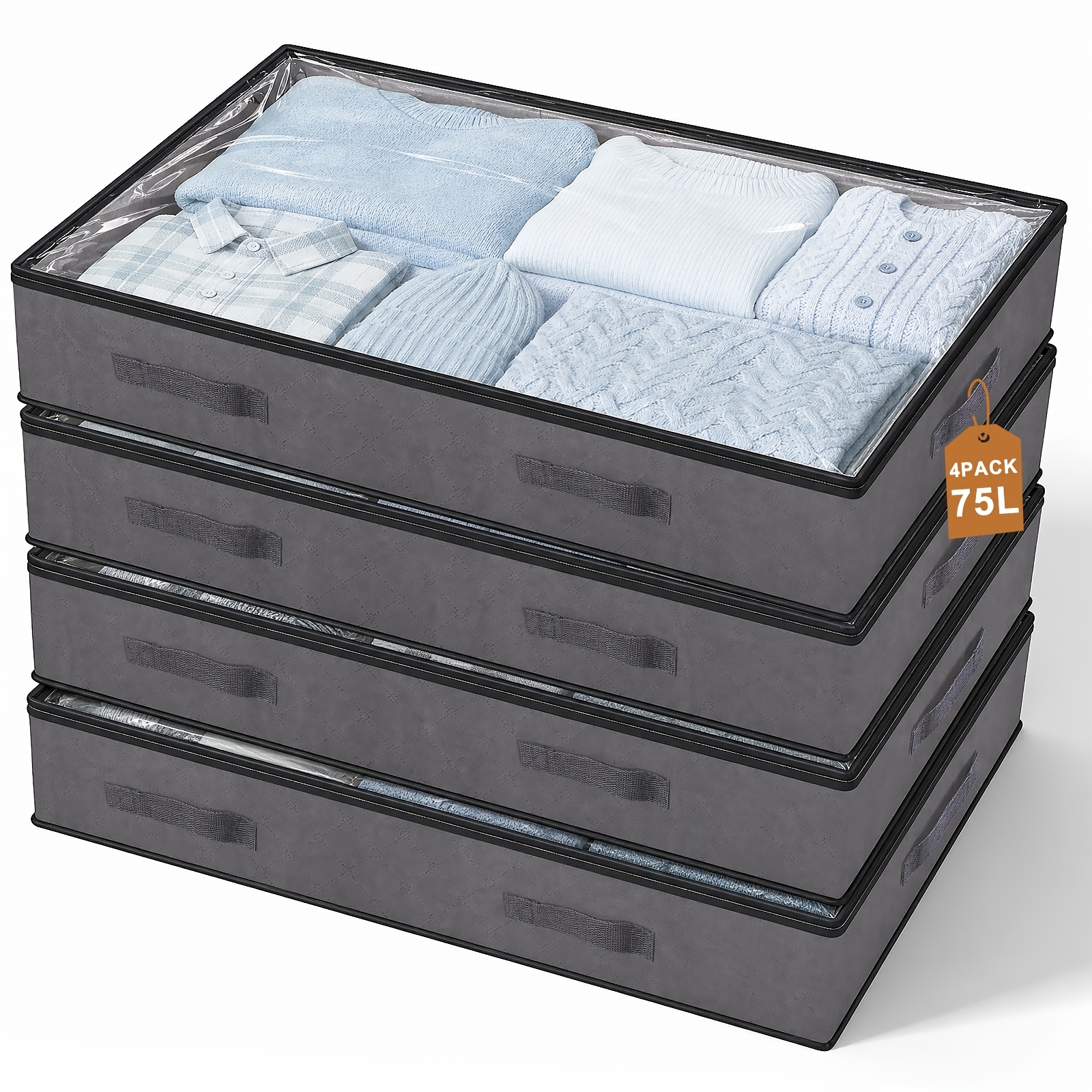 TEMU Sekey 2/4pcs Under-bed Storage Bag With Lid, 75l/95l, Foldable Storage Box With Double Zip, Under-bed Storage Fabric Organiser For Clothes, Bed