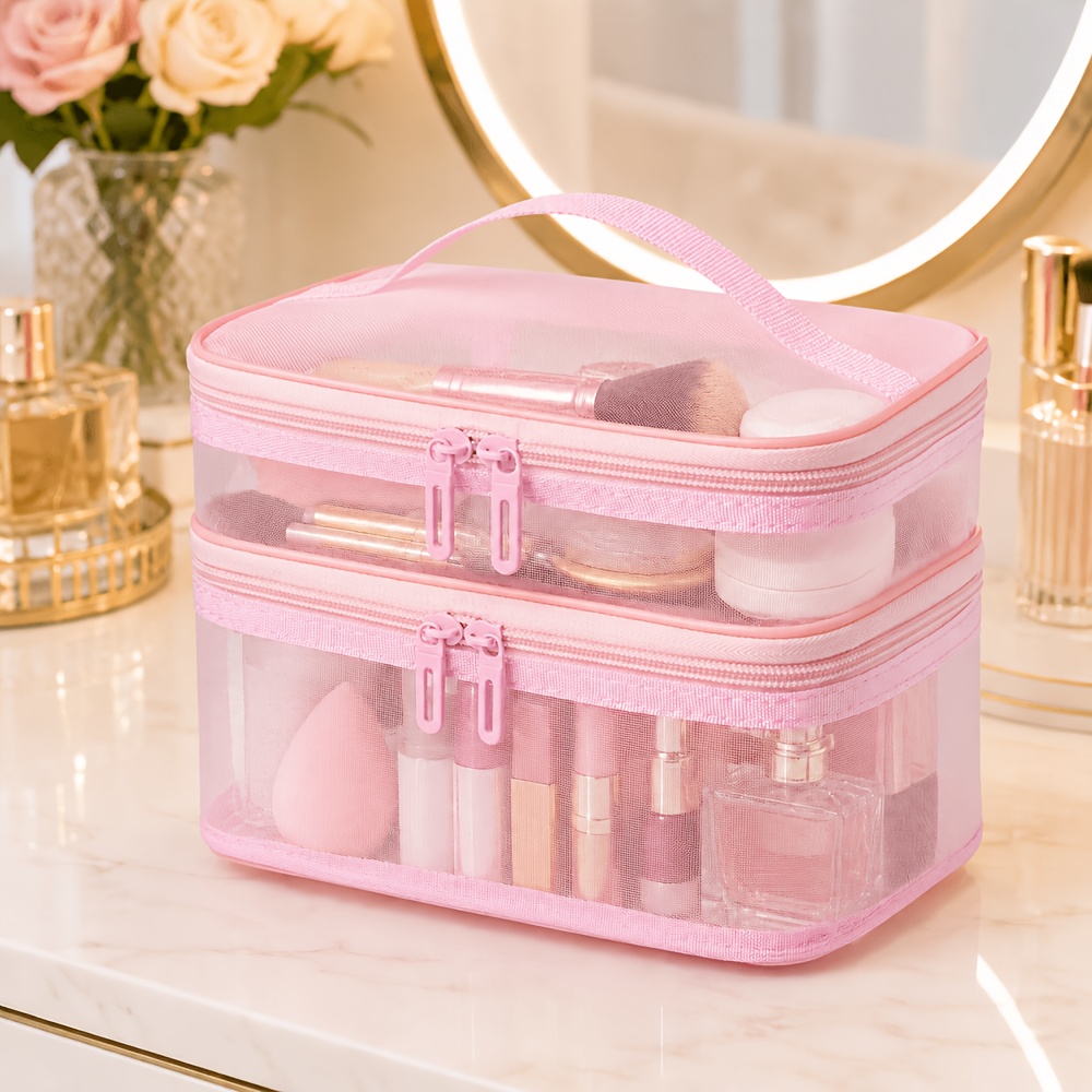 TEMU Mqh High-quality Double-layer Mesh Handheld Makeup Bag, Large Capacity Portable Travel Toiletry Bag With Compartments For Cosmetics And Skincare