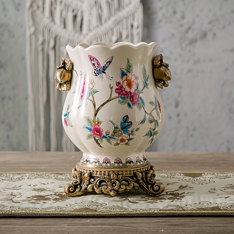 Vase Vintage En Céramique écru à Motif Floral - Décoration Intérieure Rétro